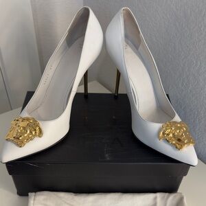 Versace White Heels with Gold Medusa Accent